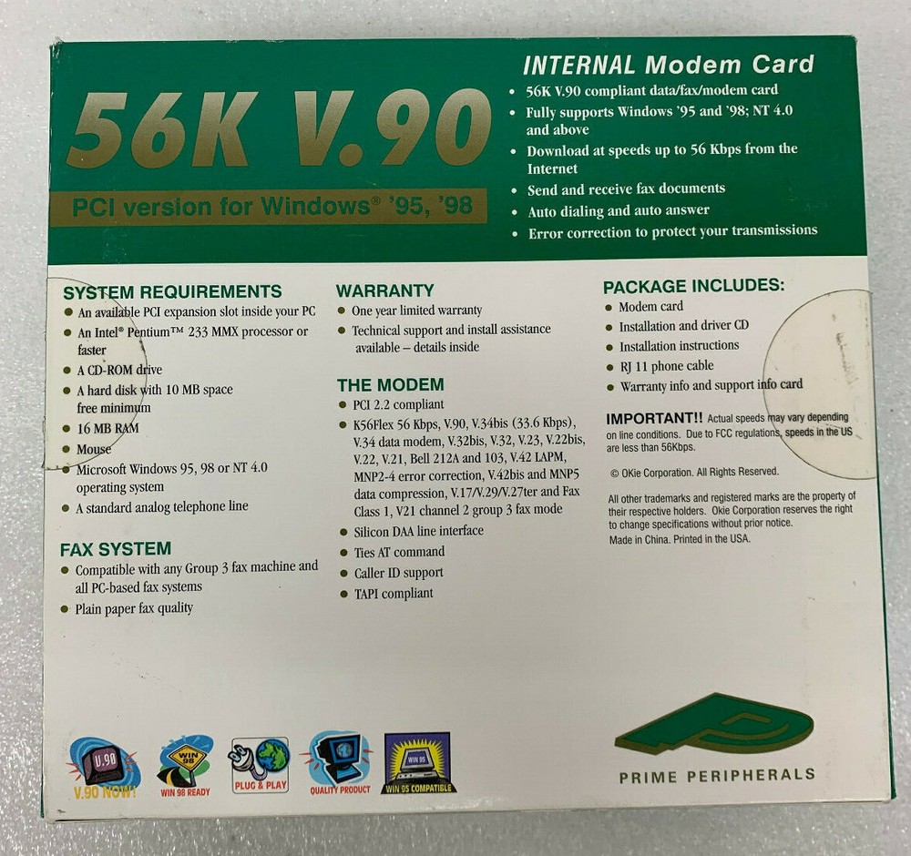 PRIME PERIPHERALS 56k V.90 Modem PCI Internal Faxmodem Model