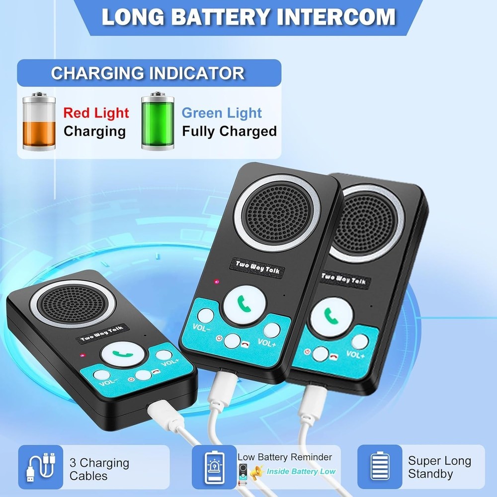 Wireless Intercom System for Home Business Long Range 8 Volume Levels 3 Pack