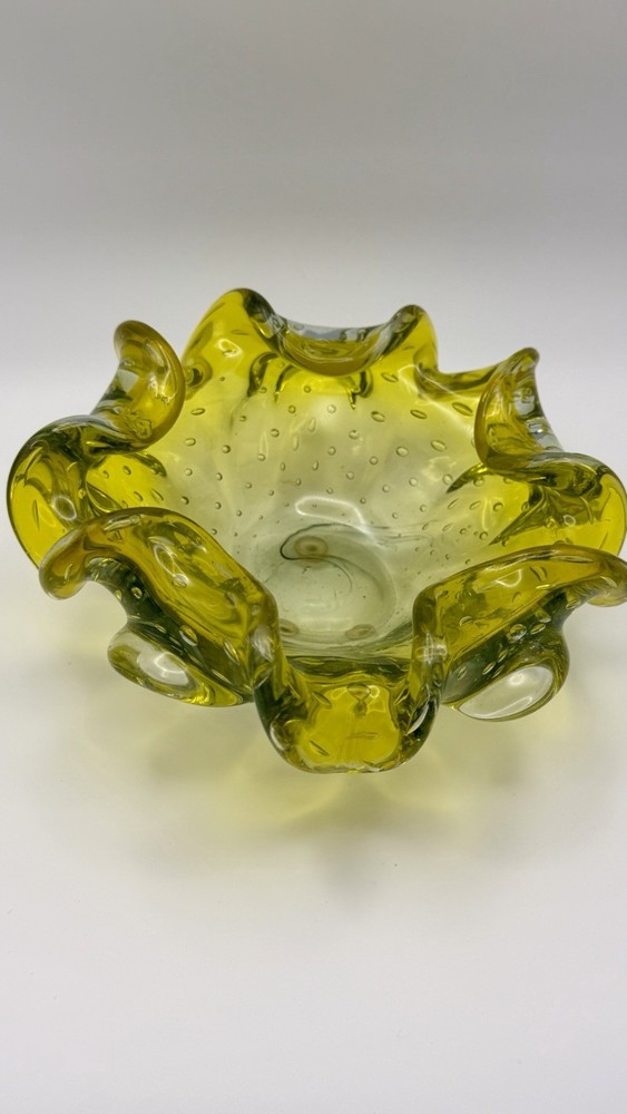 Vtg Murano Double Ruffled Controlled Bubbles Console Dish Ashtray Lime Yellow