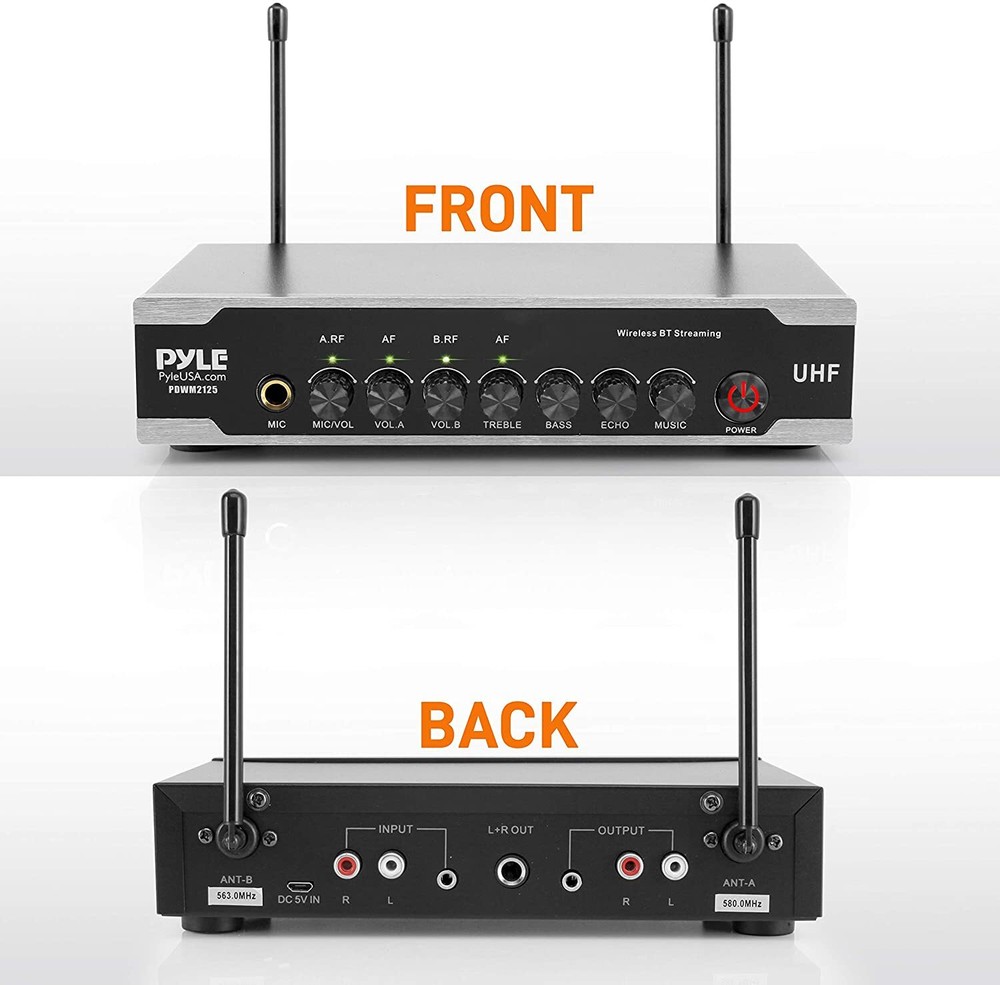 Pyle PDWM2125 UHF Wireless Dual Microphone System +Bluetooth+Desktop USB Powered