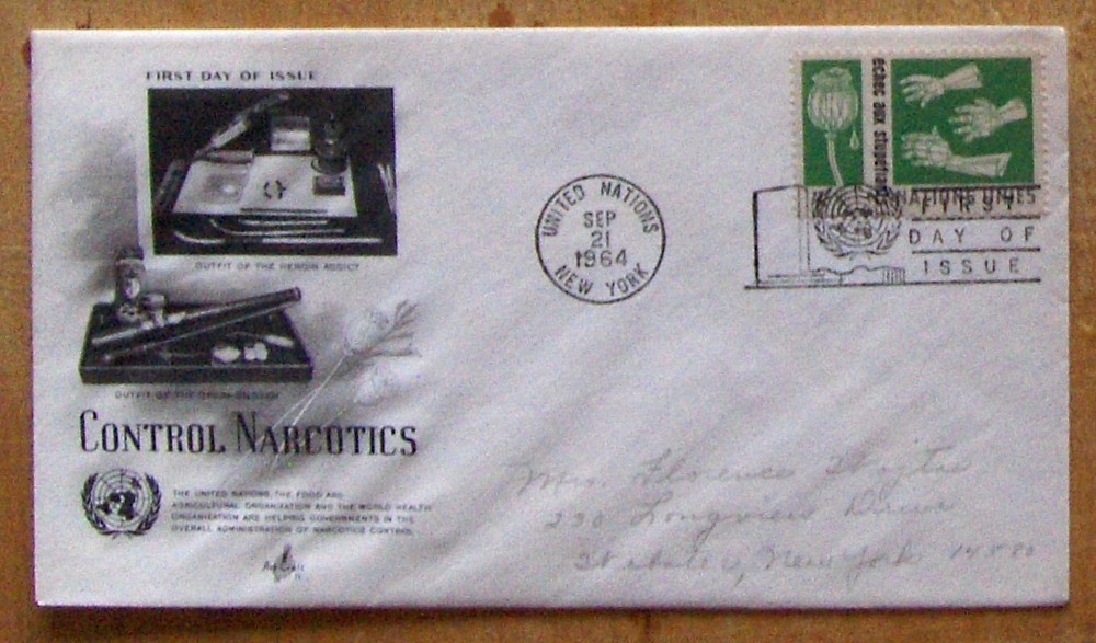 UN FDC CONTROL NARCOTICS NY 9/1964 with green stamp.