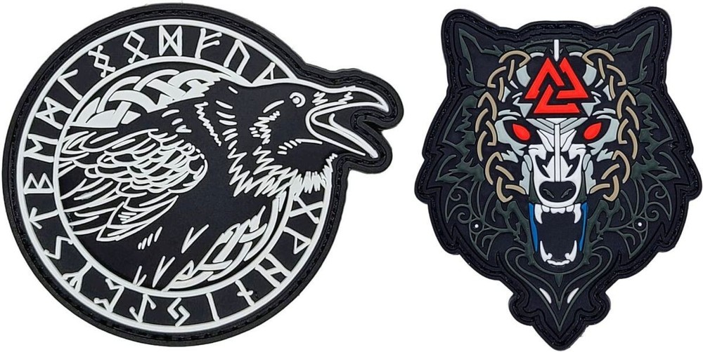 Odin's Ravens Wolf Walknut Viking God 3D PVC RUBBER PATCH | 2PC HOOK BACKING