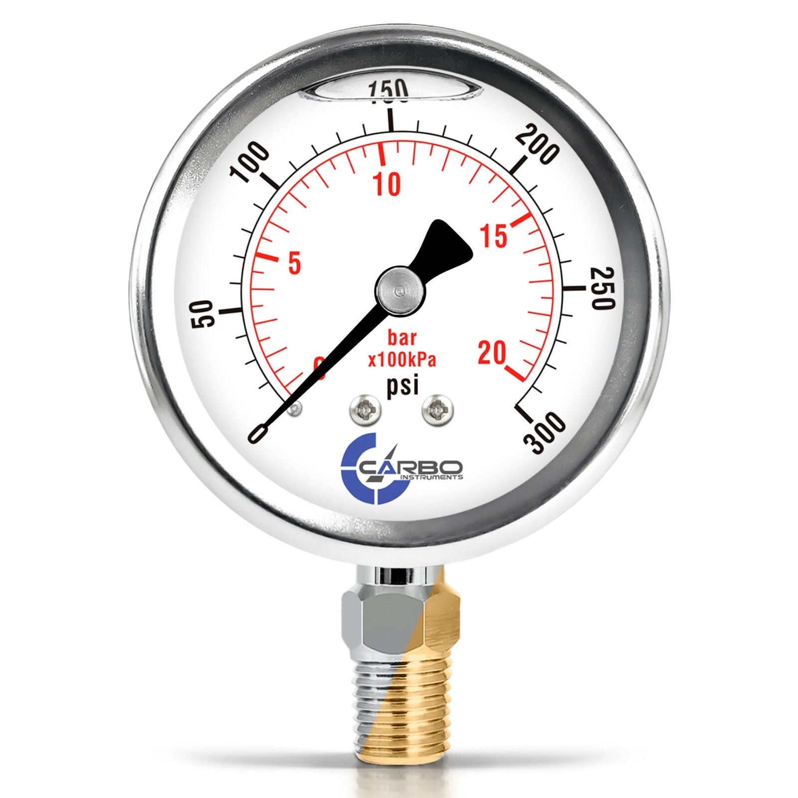 2.5" LIQUID FILLED PRESSURE GAUGE 0-300 PSI, STAINLESS STEEL CASE LOWER MOUNT