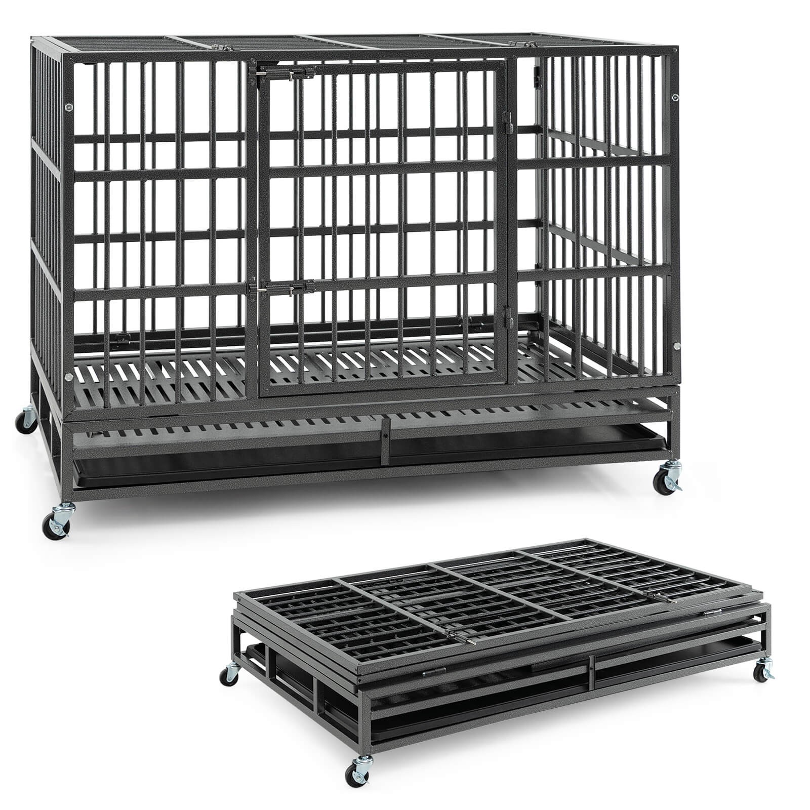 48" Foldable Heavy-Duty Metal Dog Cage W/ Lockable Rolling Casters Black