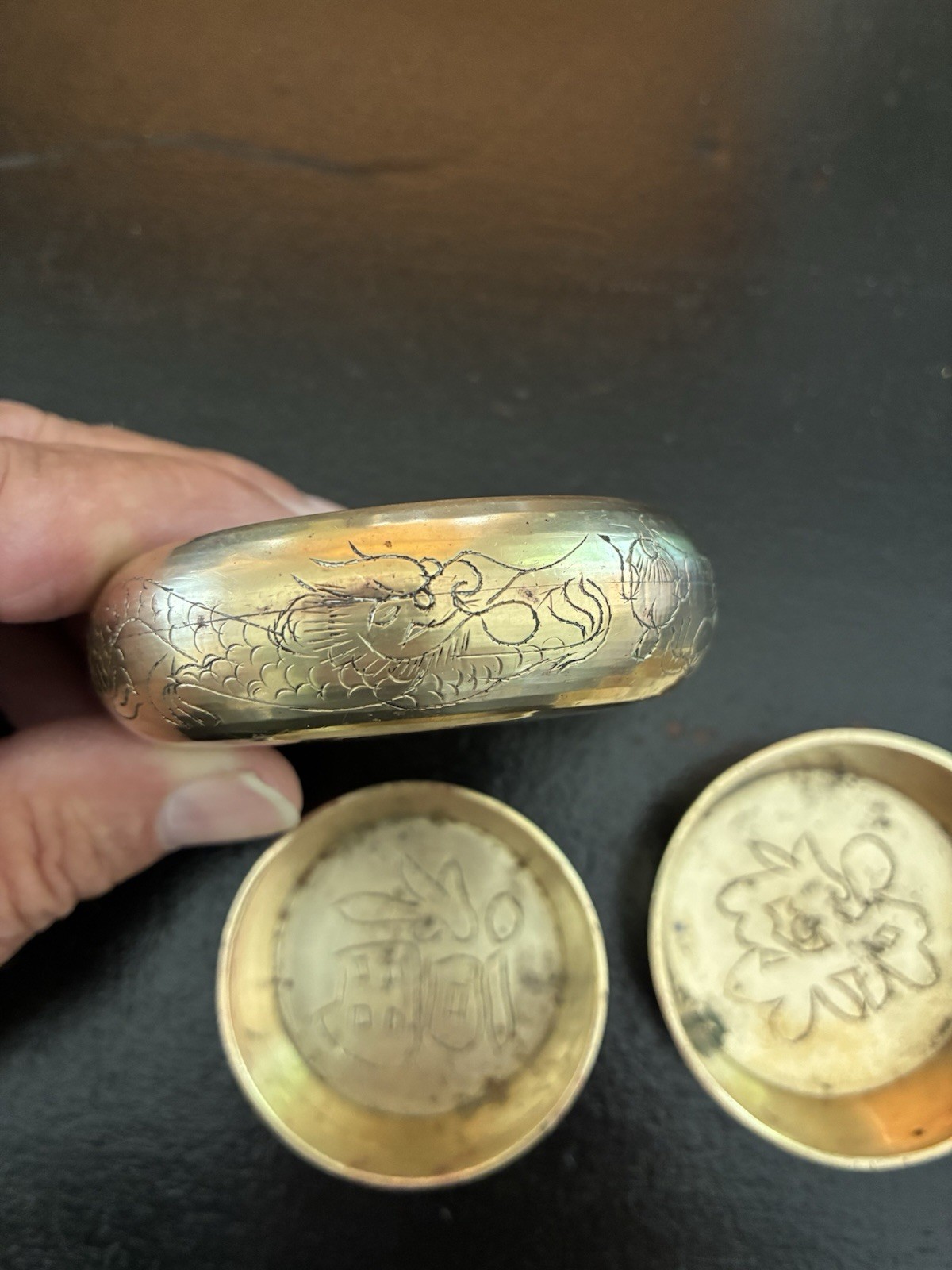 3 Vintage Chinese Bronze Mini Nesting Dishes / Detailed Dragon Etched Motif