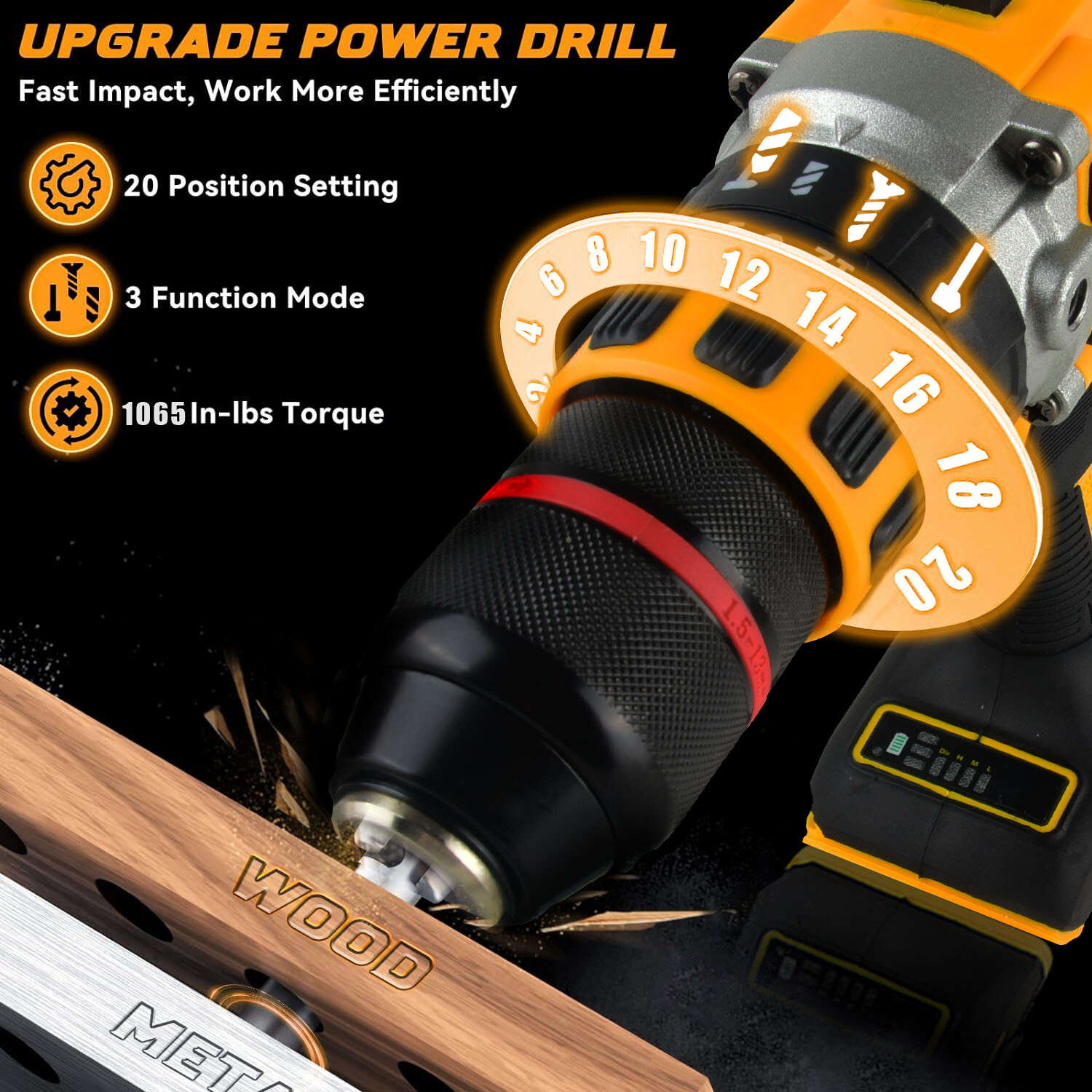 1/2" Cordless Drill Driver for Dewalt 20V Battery, Brushless Compact Drill Tool