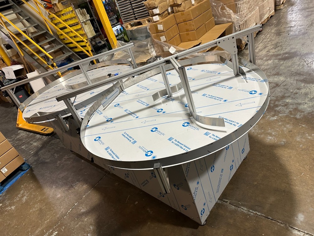 Dual 60" Stainless Rotary Accumulation Buffer Table Packaging Conveyor Labeling