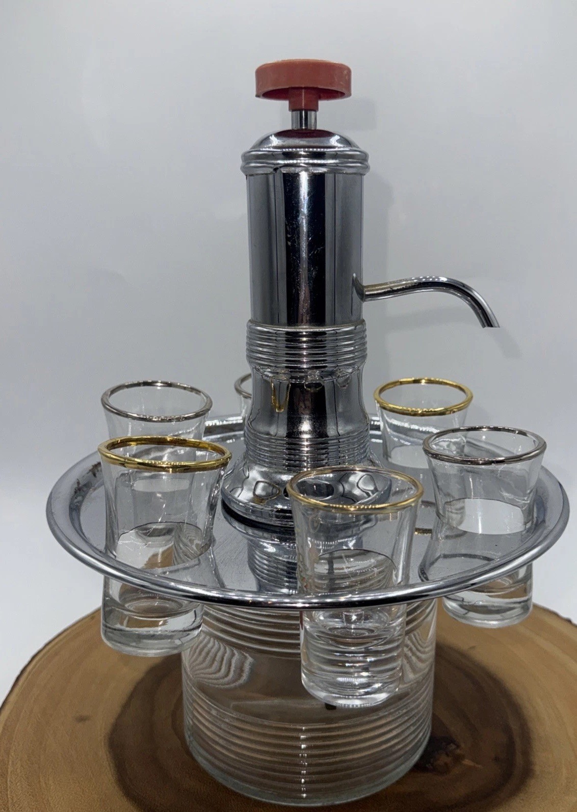 Vintage Liquor Dispenser Pump & Glass Decanter W/6 Shot Glasses W/Chrome Tray