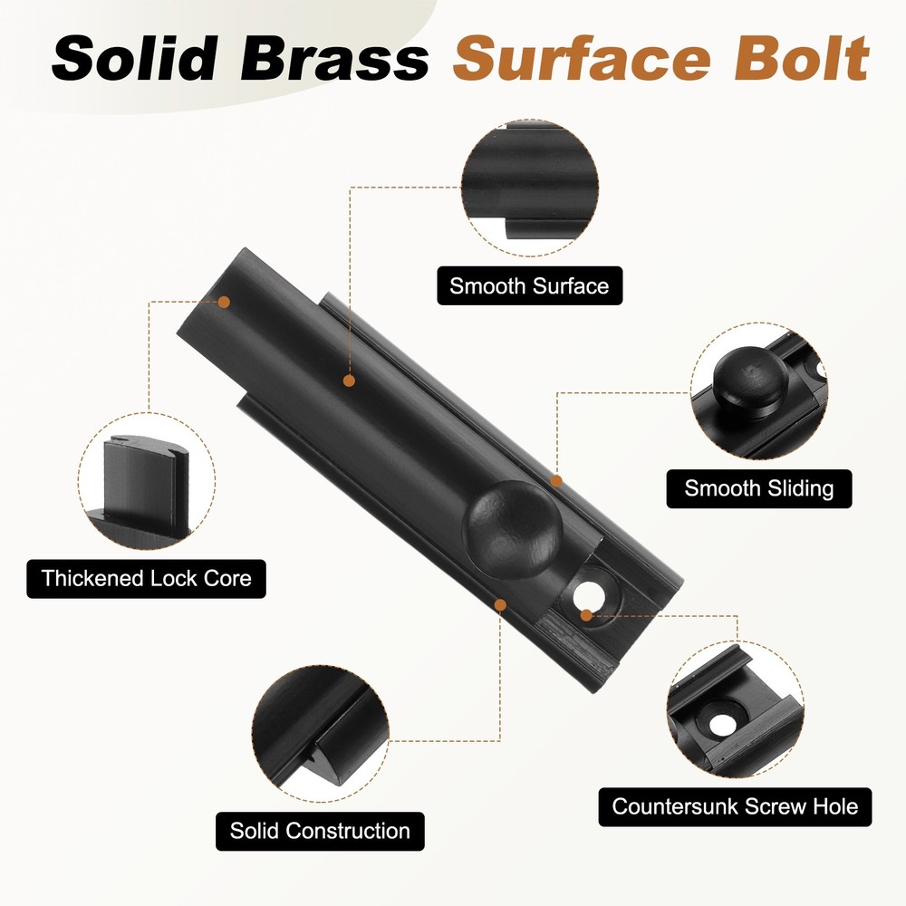 2" Solid Brass Surface Bolt, Polished Slide Latch Door Lock, Matt Black