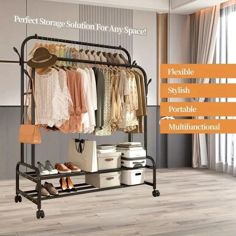 Space-Saving Dual Bar Rolling Wardrobe Rack with Hooks