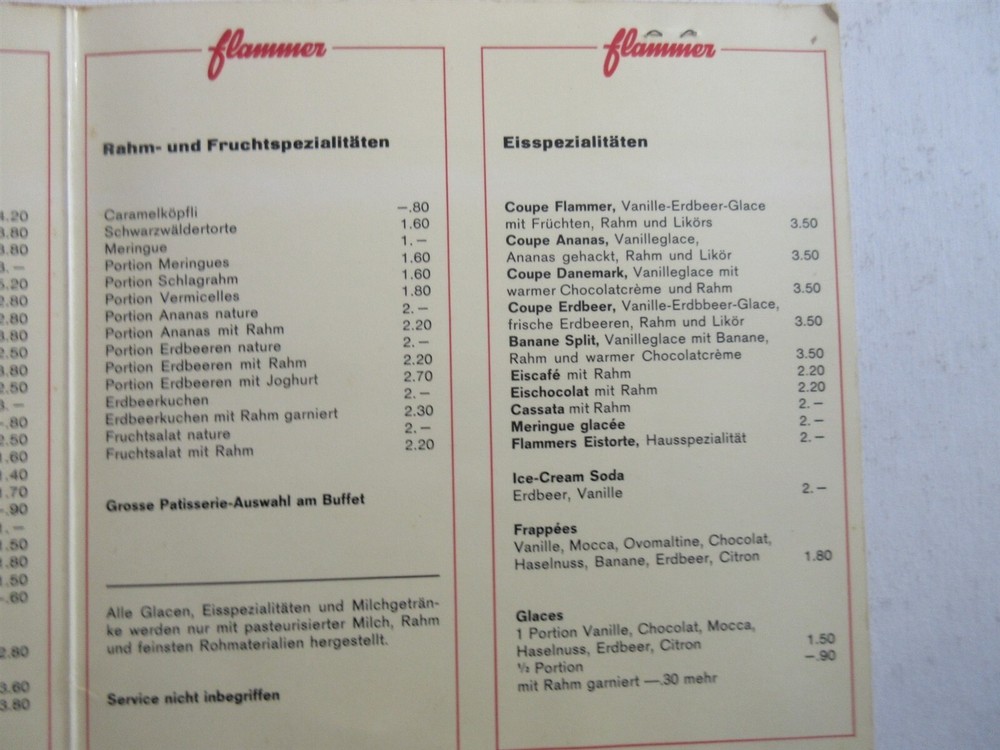 flammer laminated menu Switzerland vintage