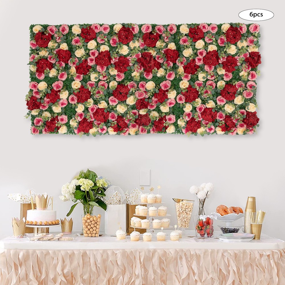 6Pcs Artificial Flower Wall Panel Backdrop Wedding Rose Hydrangea Flower Decor