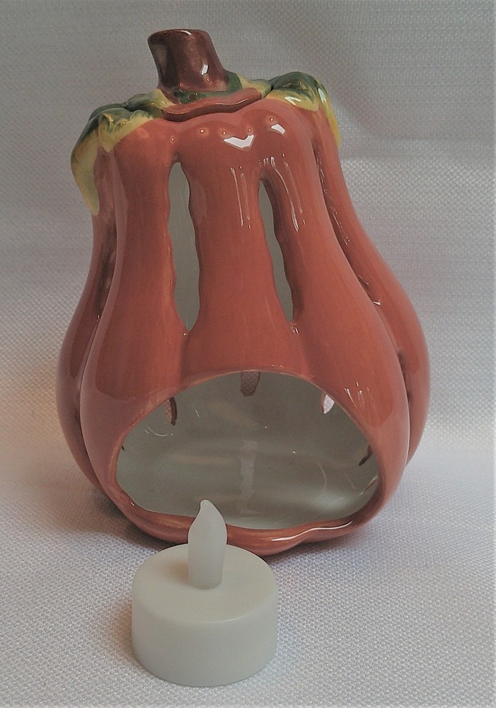 Glazed Ceramic Pumpkin Tealight/Candle Holder with Cutouts & Tealight Shown