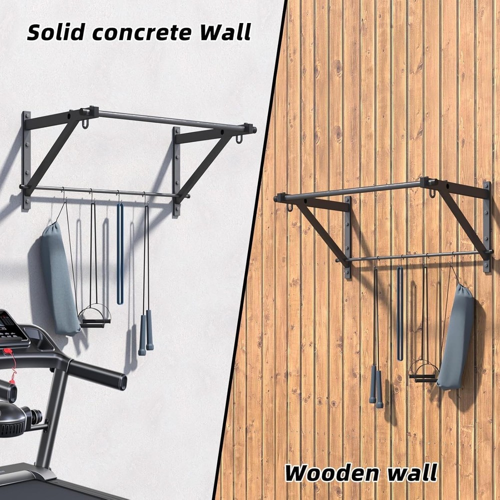 Wall Mounted Pull Up Bar, Strength Training Chin Up Bar with Hooks, Adjustable D