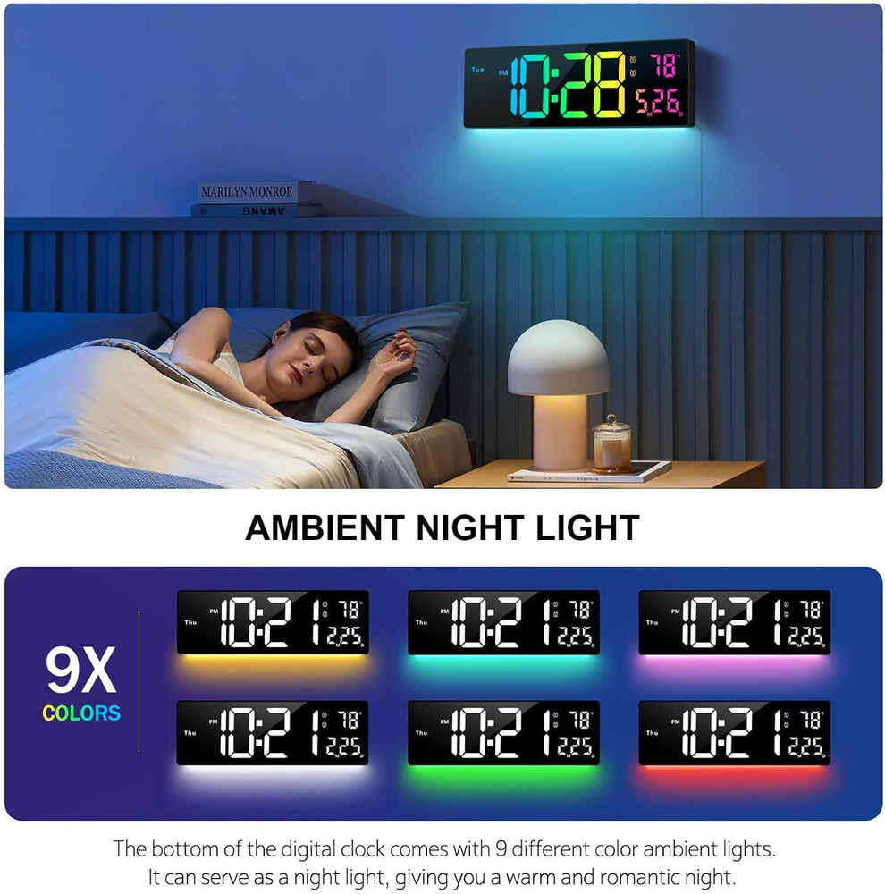 Digital Wall Clock Large Display 16", Digital Clock with 11 RGB Colors Changing