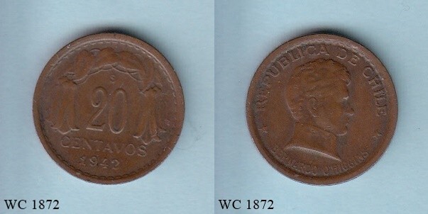 Chile 20 Centavos 1942 So Coin