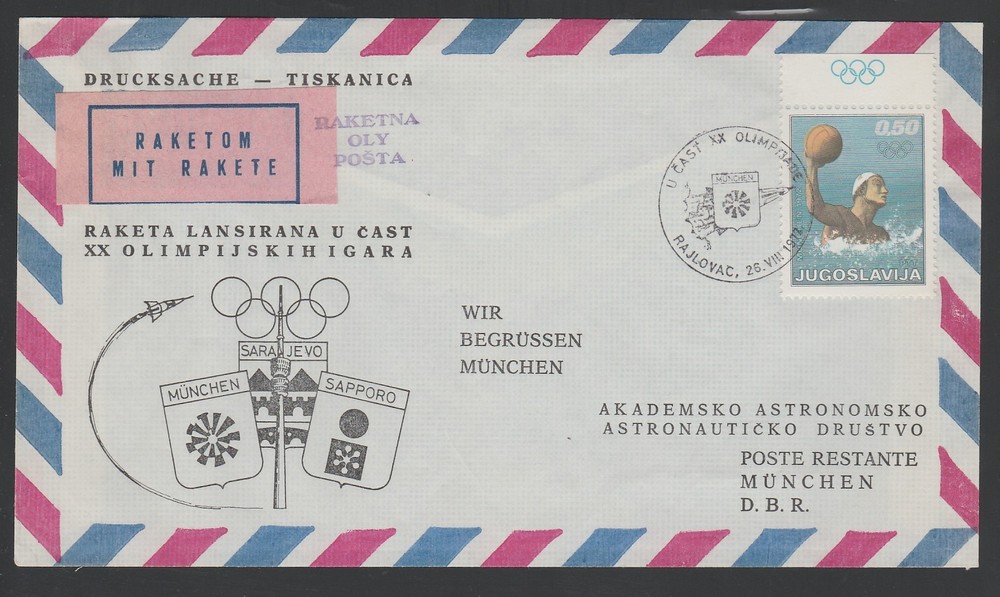 1972 YUGOSLAVIA rocket mail cover - OLYMPICS
