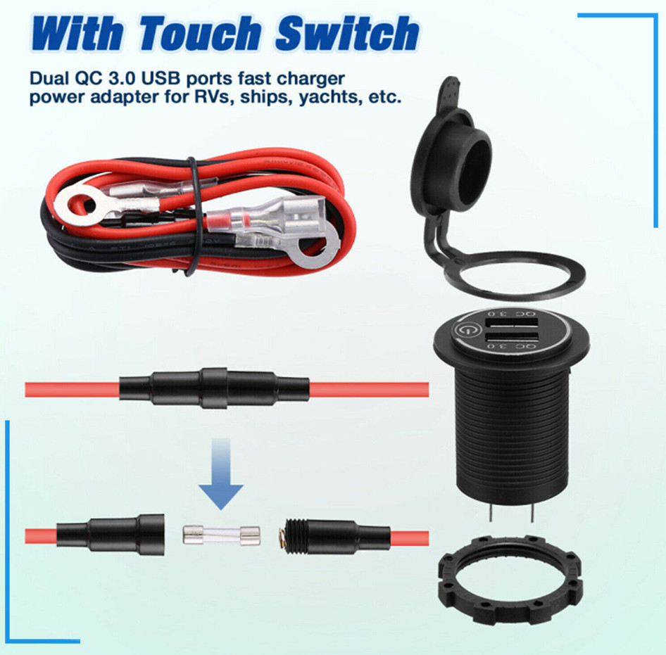 12V Car Cigarette Lighter Socket Dual QC 3.0 USB Port Charger Power Outlet LED