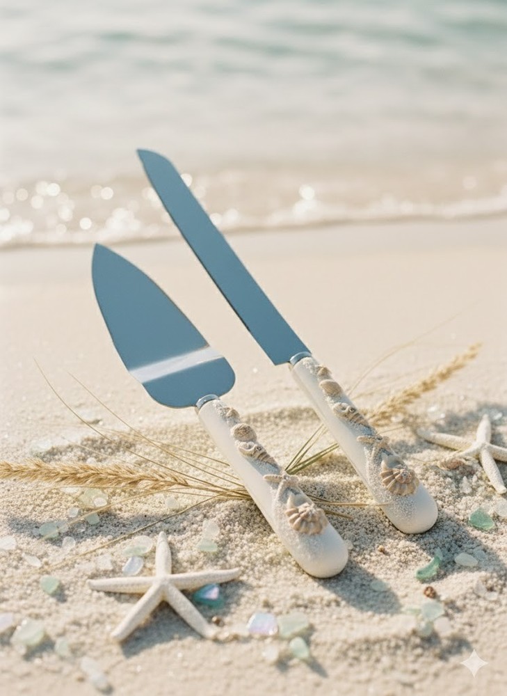 Beach Wedding Cake Server Set - 3D Seashell Starfish Knight & Server - Boxed 2pc