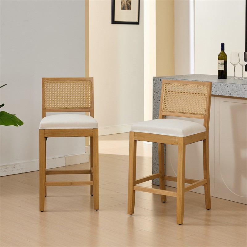 Set of 2 Solid Wood Rattan Bar Stools Comfort Linen Cushion High-Resilience Foam