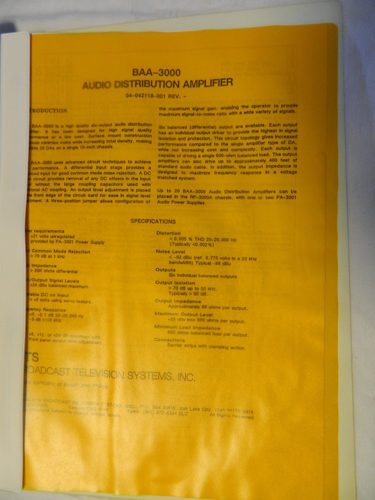 BTS BAA-3000 Audio Distribution Amplifier Installation Setup Notes