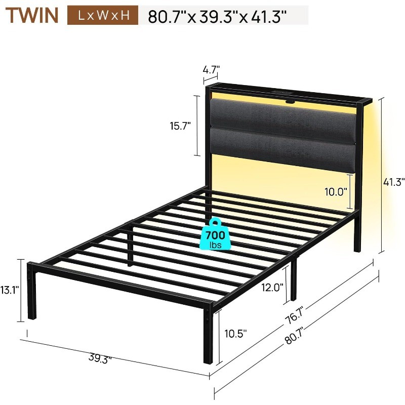 Seventable Twin Bed Frame with Upholstered Storage Headboard