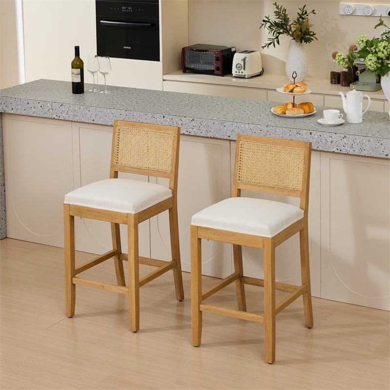 Set of 2 Solid Wood Rattan Bar Stools Comfort Linen Cushion High-Resilience Foam