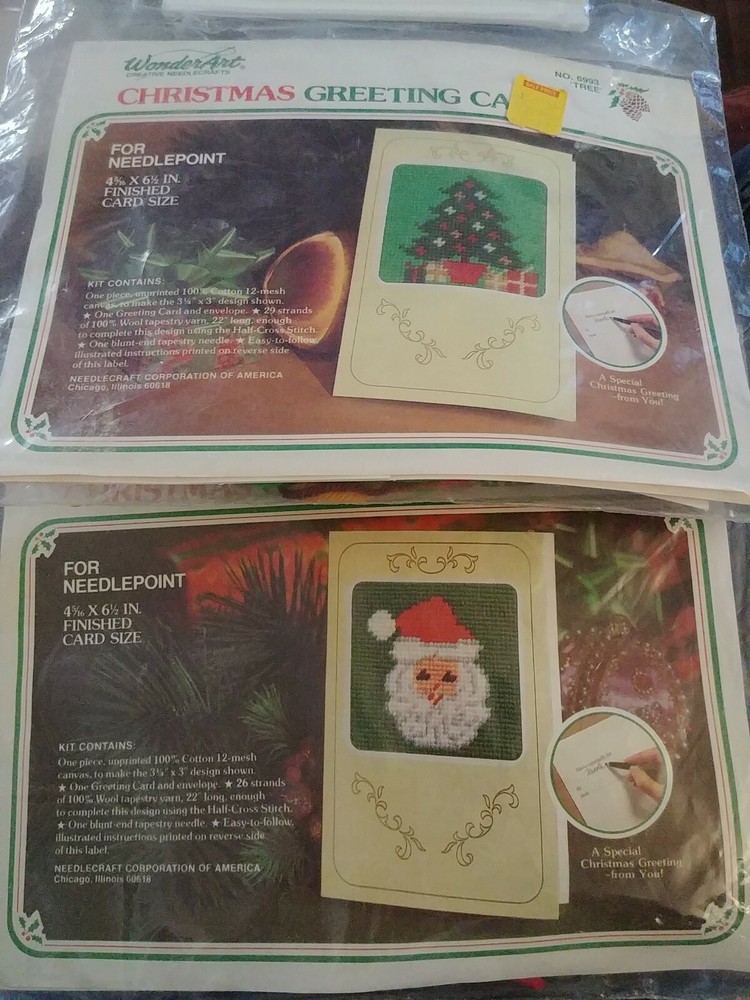 Vtg. WoderArt Creative Needlecrafts Christmas Greeting Card Kits Santa, Tree