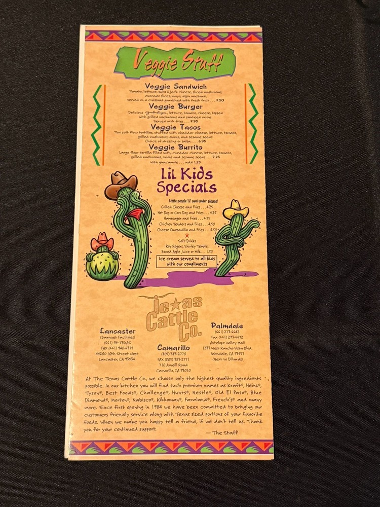 Texas Cattle Co 2008 2000s Menu