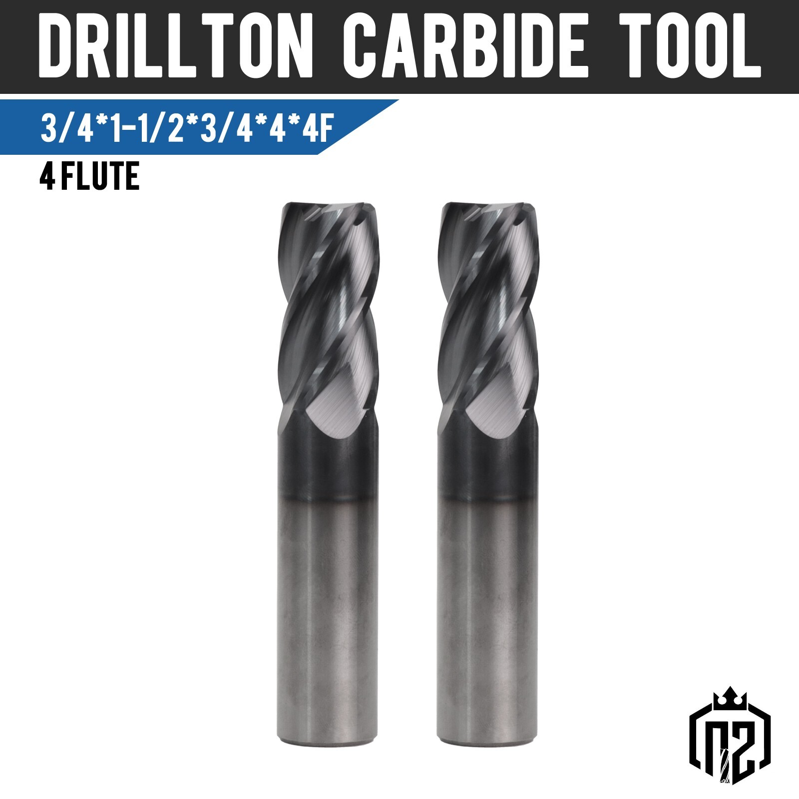 2 PCS 3/4" 4 Flute Solid Carbide 1-1/2" Overall Length End Mill - AlTiN Coated
