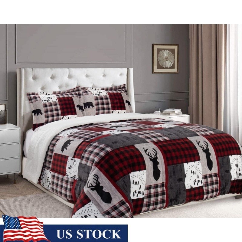 King Sherpa Comforter Set Microfiber Patchwork Ultra Plush Cozy Bedding Gift New