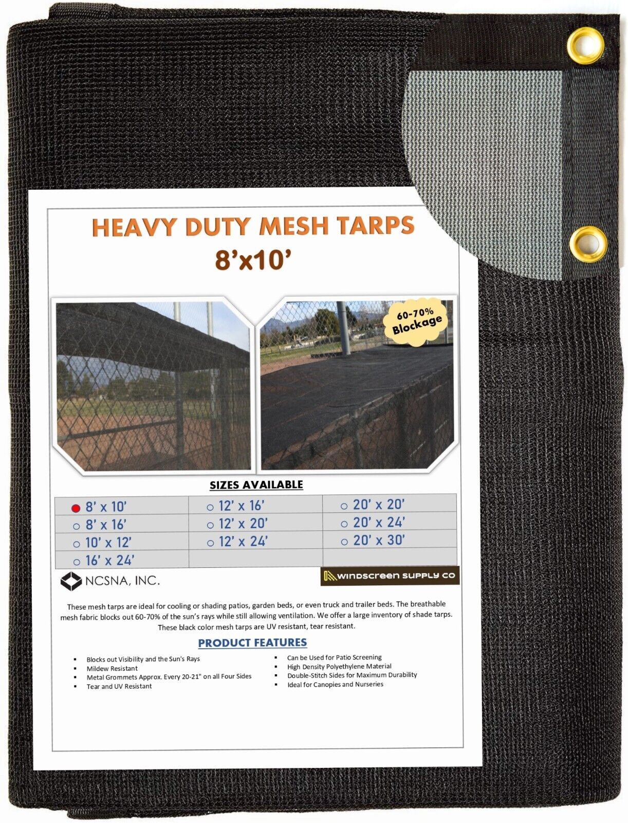 WindscreenSupplyCo Heavy Duty Mesh Tarp Sun Shade, Cover, 60-70% Blockage Black