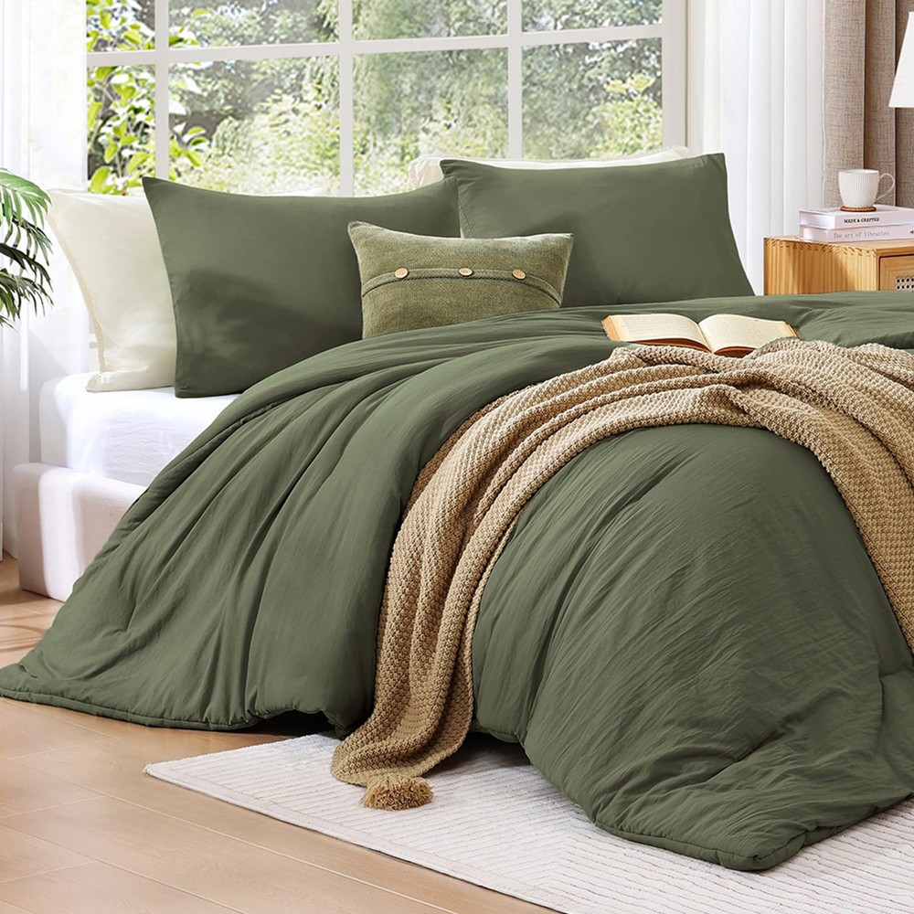 Queen Comforter Set - 3 Pieces Prewashed Olive Green Comforter Soft Lightweig...