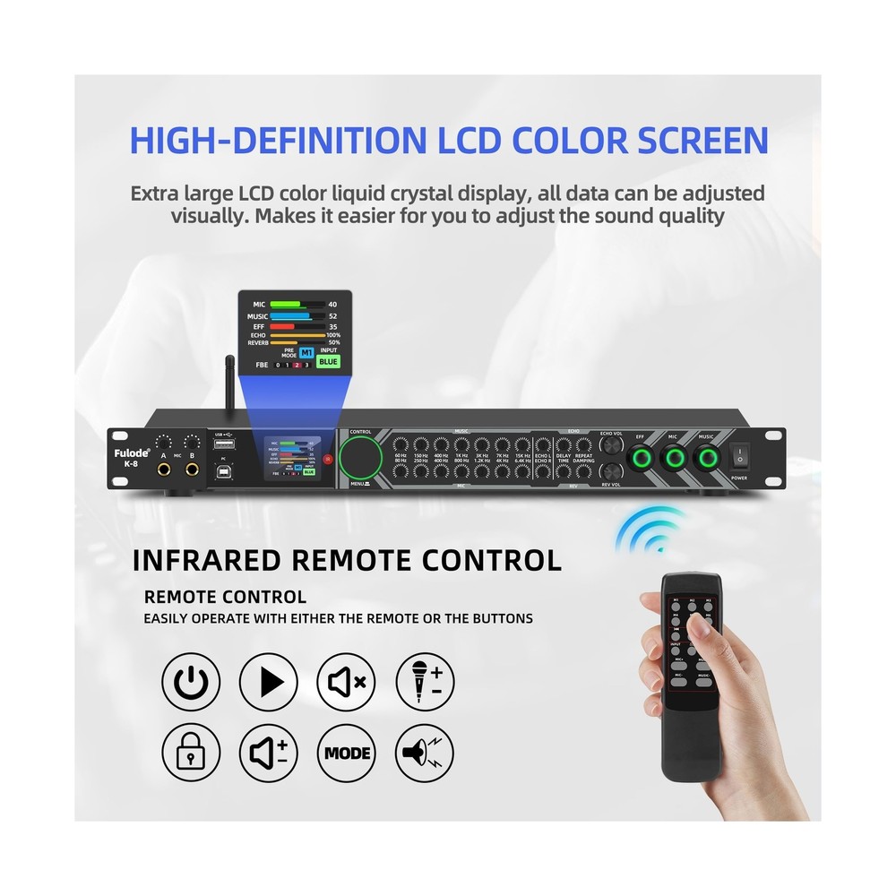 K-8 Professional KTV Digital Pre-stage Effector Anti-howling Audio Processor ...