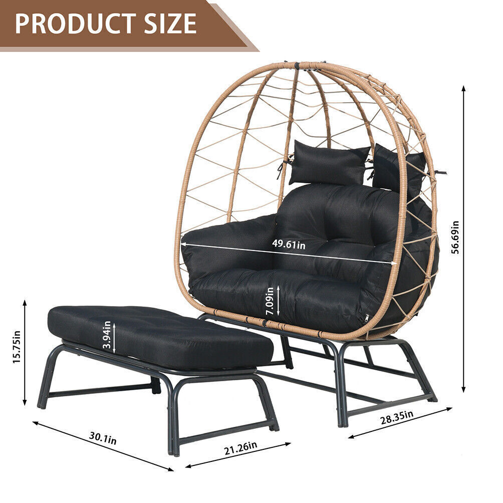 Wicker Egg Chair with Ottoman Outdoor Indoor Oversized Lounger Stand for Porch