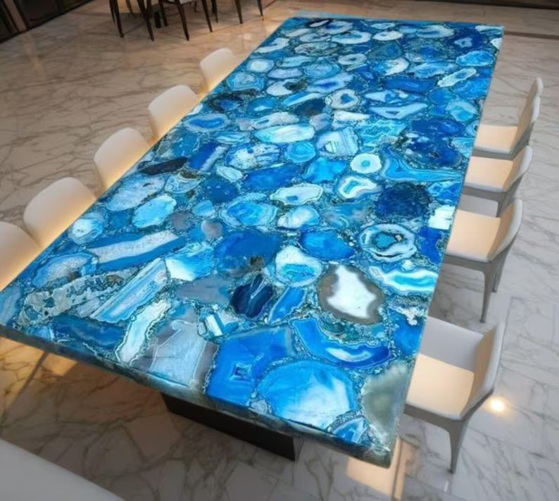 Blue Agate Rectangular Table Top | Modern Gemstone Dining Table
