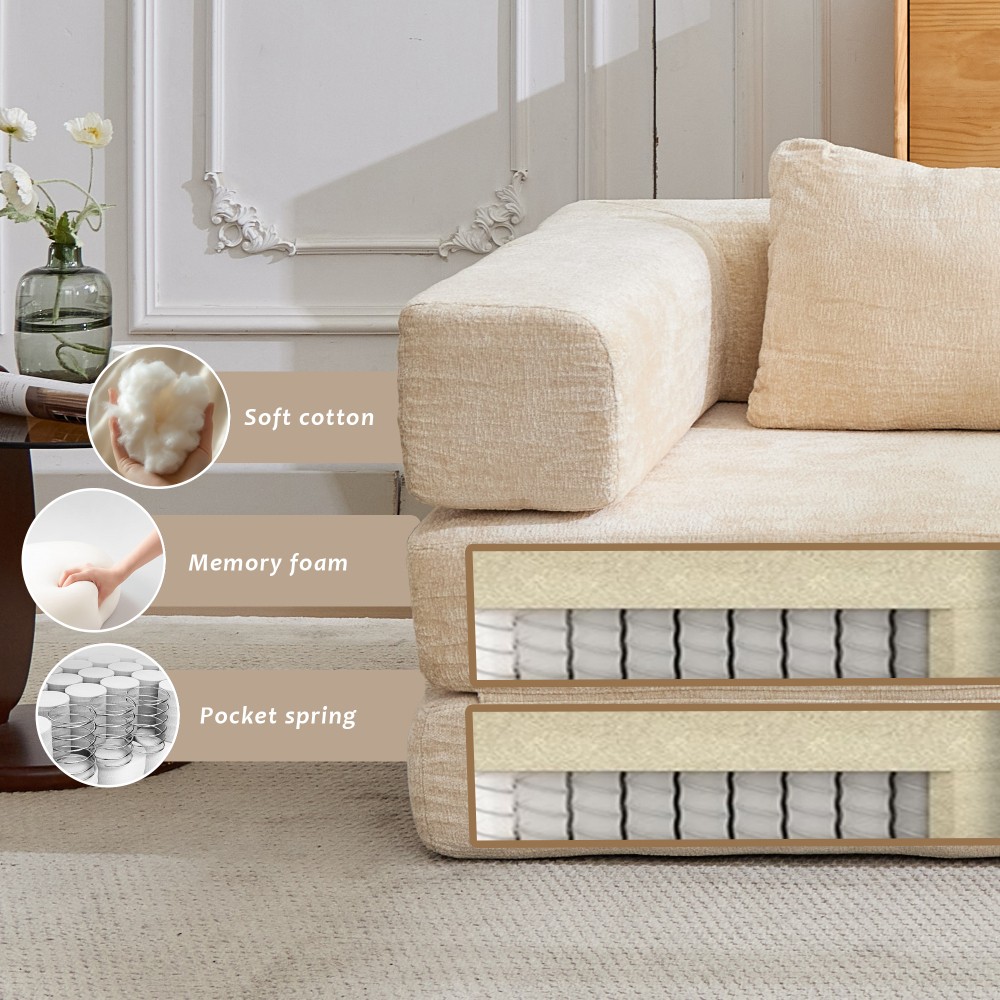 Convertible Floor Sofa Bed w/Fixed Frame, Chenille, Beige, No Assembly