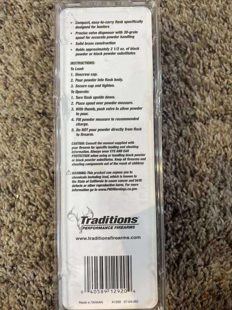 A1292 Traditions Solid Brass Black Powder Field Flask 2-1/2oz Capacity New!