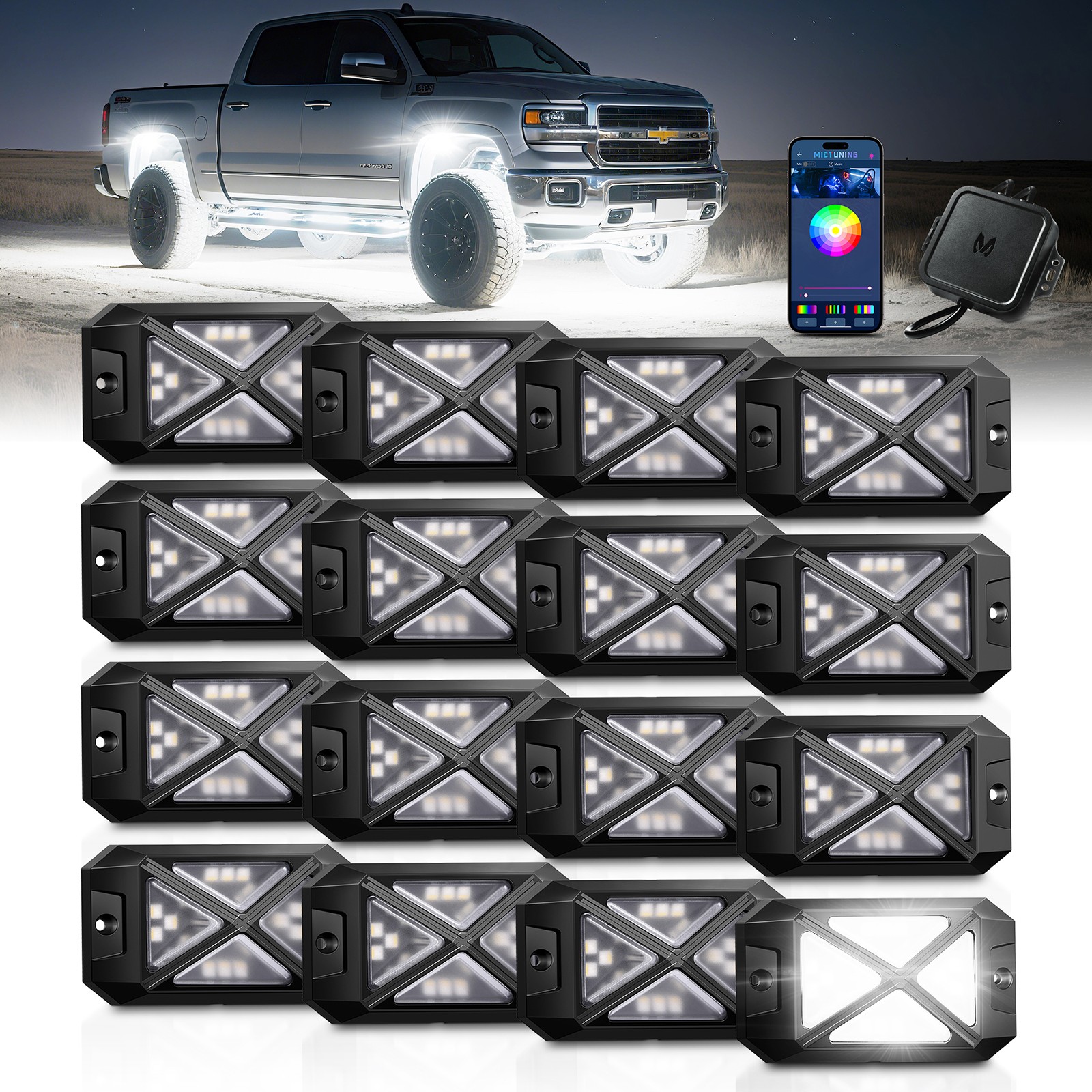 C4 16 Pods RGBW LED Rock Lights - 360º Bright Underglow Neon Accent Lighting Kit