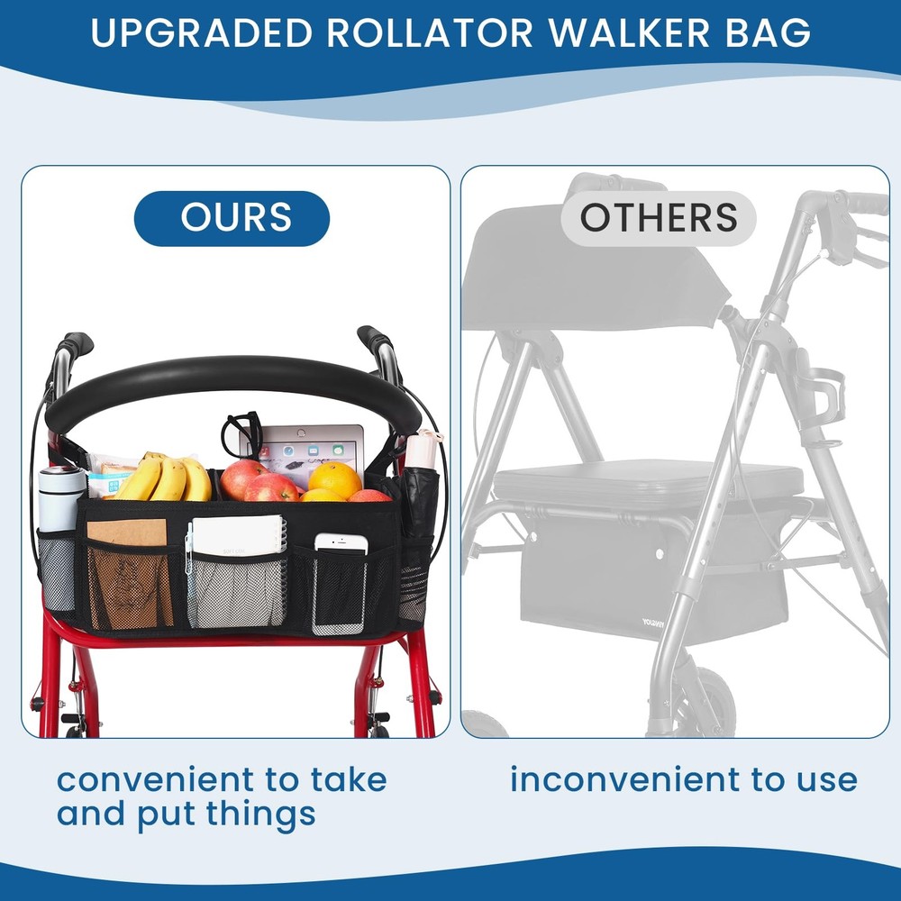Upgraded Rollator Basket, Large Walker Accessories Bag with Multiple Black