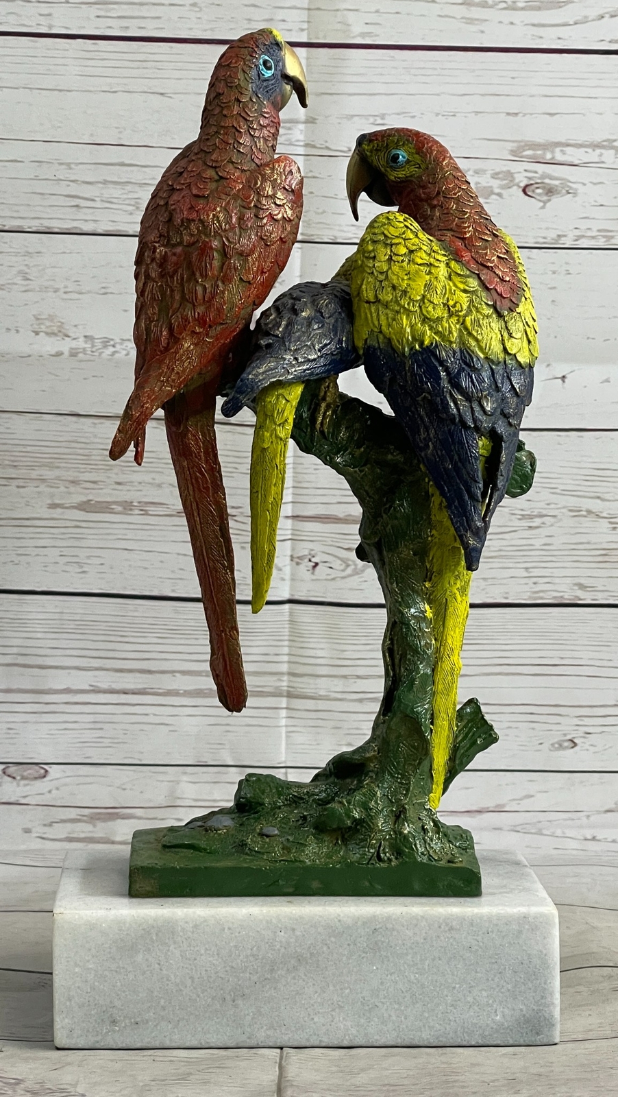 Three Macaw Parrots on a Branch Bronze Metal Statue Sculpture Colorful Decor Art