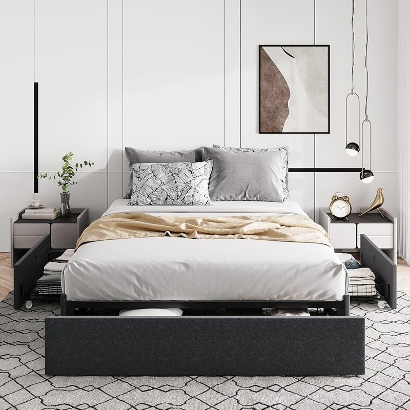 Modern Metal Bed Frame W/ Storage Drawers Customizable Headboard Easy Assembly