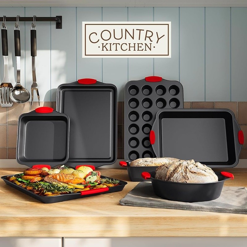 Stackable Non Stick Bakeware Set Heavy Duty Silicone Handles Nesting Baking Pans