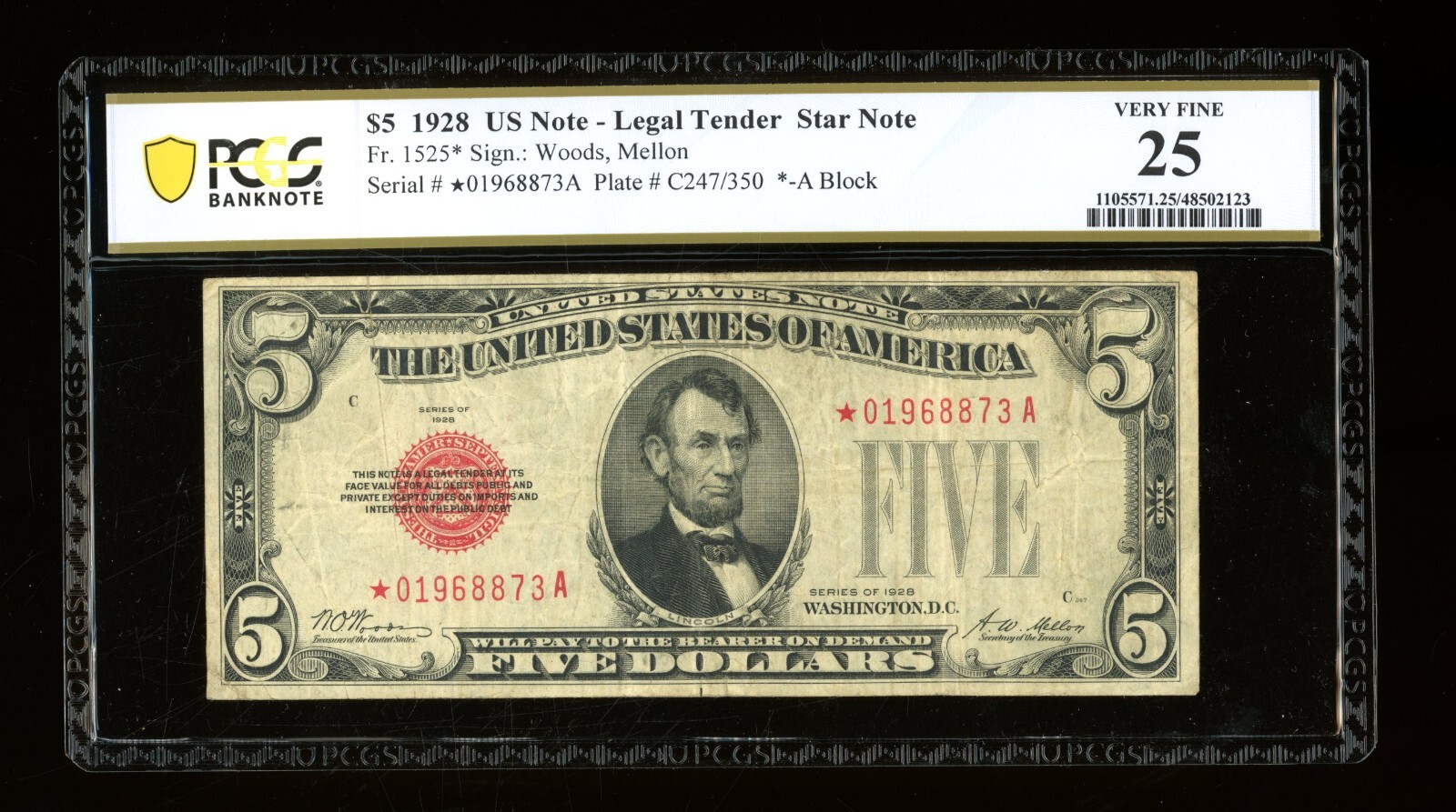 DBR 1928 $5 Legal STAR Fr. 1525* PCGS-B 25 Serial *01968873A