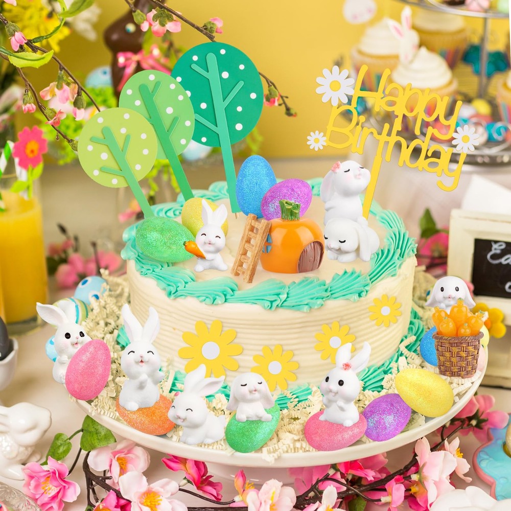 29Pcs Easter Cake Decorations Set with Mini Rabbits, Easter Eggs, Carrots, Ha...