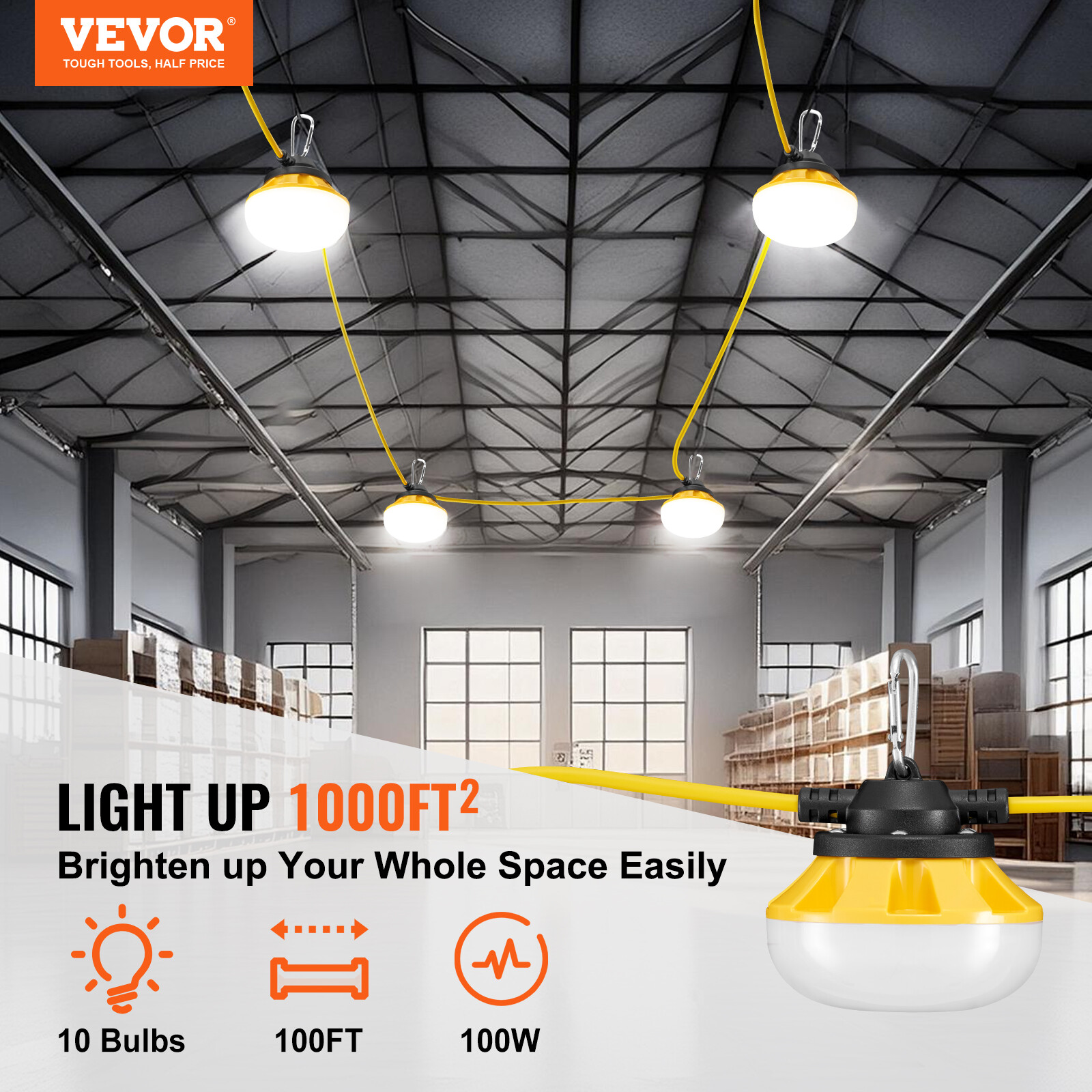 VEVOR 100FT Construction String Lights 100W 10000LM Connectable Waterproof
