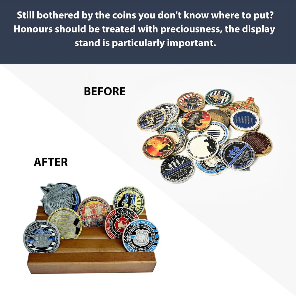 Challenge Coin Holder Display Case - 4 Row Solid Wood Military Rack - Walnut