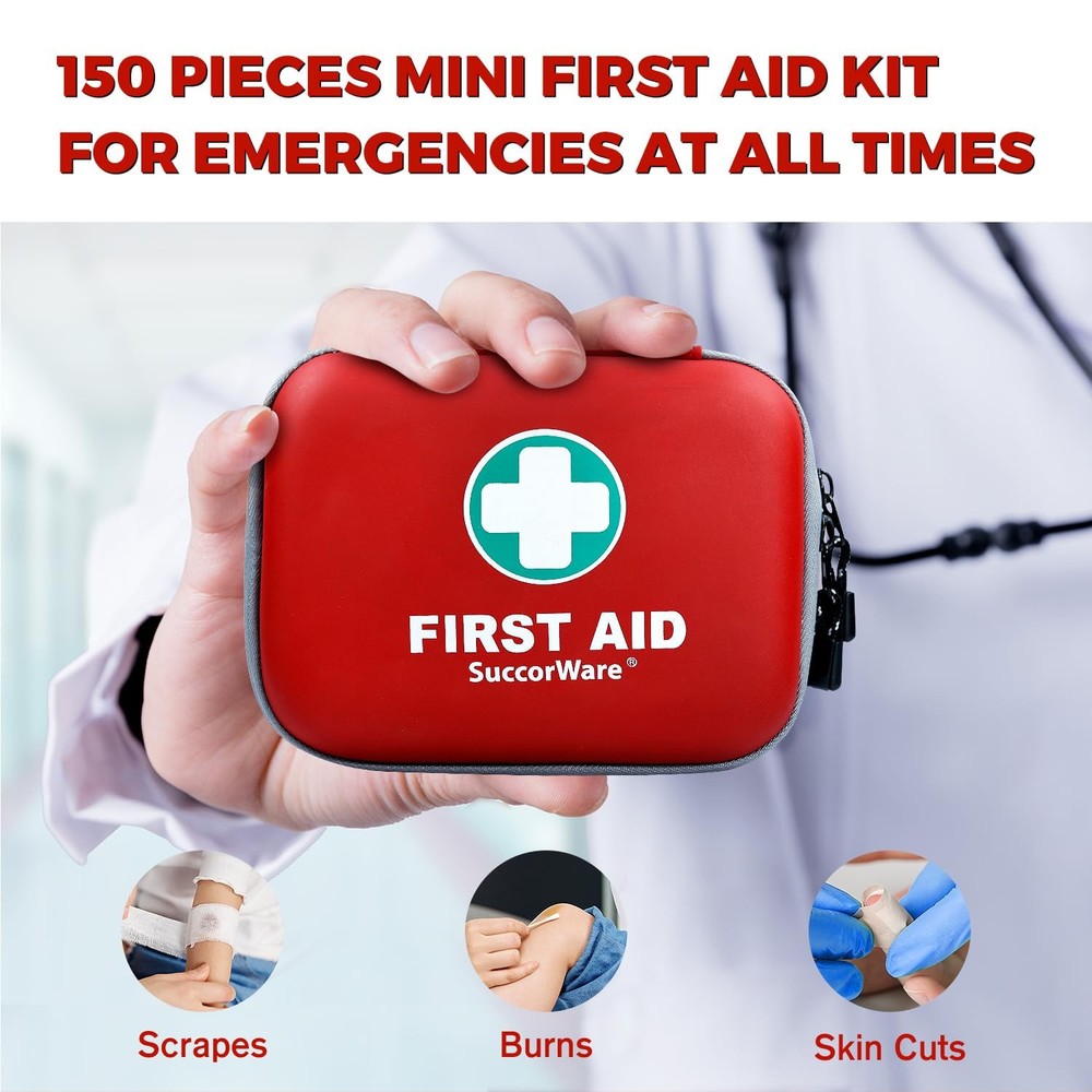 150 Pieces Mini First Aid Kit - Small Medical Kit with Hard Shell - Red