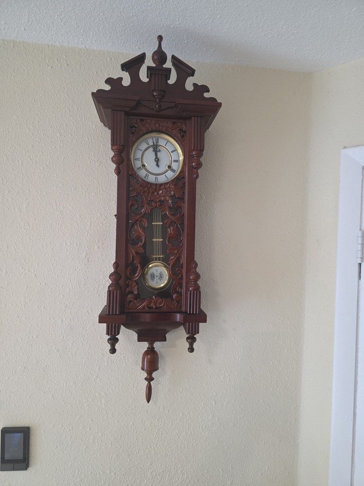 R&A Wind Up Movement Wood & Glass Pendulum Wall Clock Fully Functional