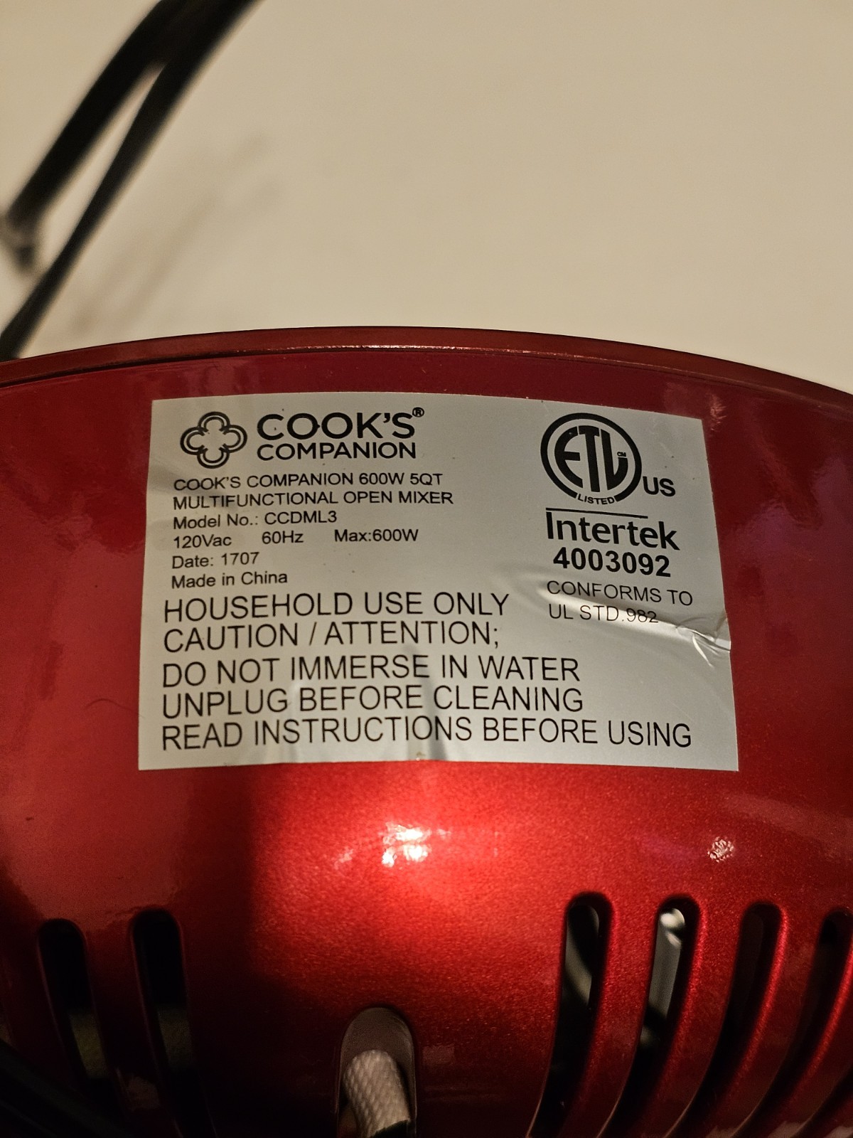 Cook's Companion CCDML3 600W 5QT Red Open Mixer Unused Tested Full Set